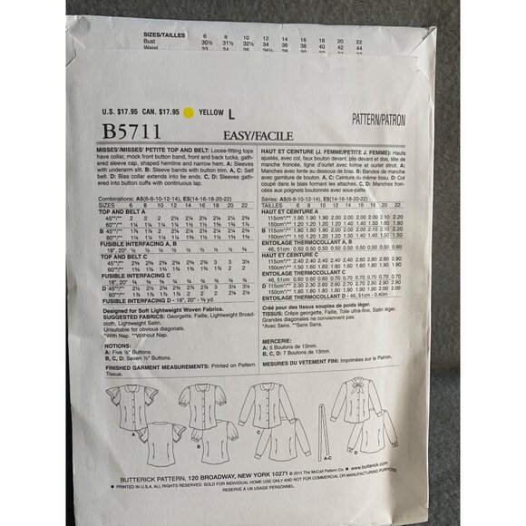 Butterick Misses Top Shirt Sewing Pattern Sz 14-22 B5711 - Uncut - Picture 3 of 4